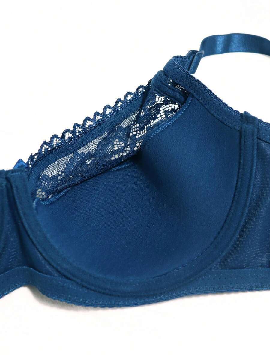 Plus Size Blue Sexy Lace Thin Sponge Breathable Full Coverage Underwire