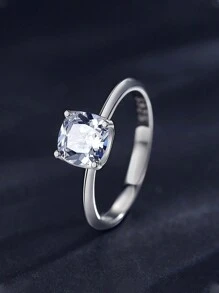1pc Classic Square Clear Zirconia 925 Sterling Silver Rings For Women Wedding Engagement Jewelry Gift - Silver - View 1