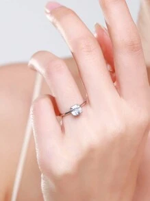 1pc Classic Square Clear Zirconia 925 Sterling Silver Rings For Women Wedding Engagement Jewelry Gift - Silver - View 2