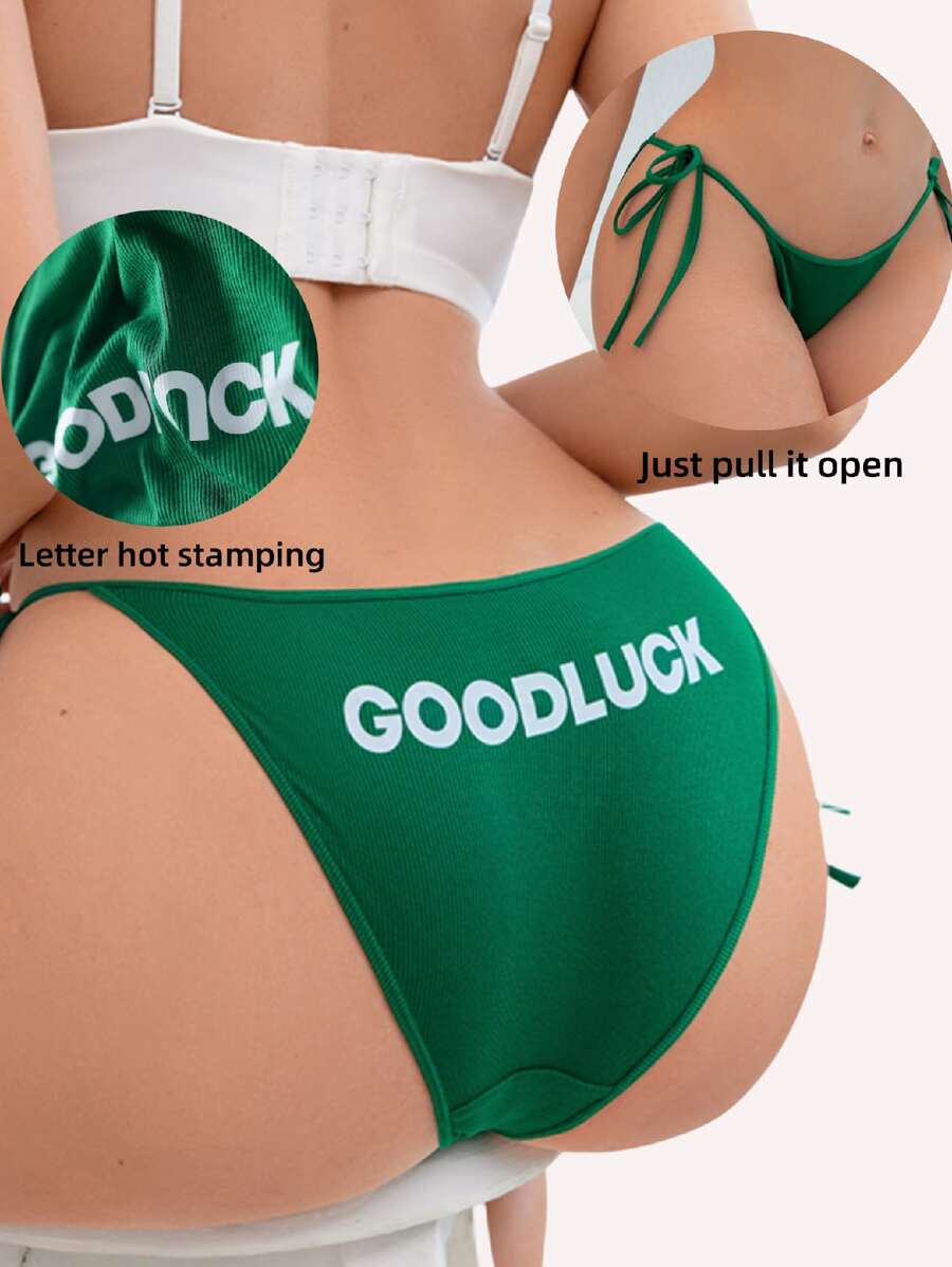 Bragas verdes con cintura fina y tiras de verano para mujer con estampado de letras, cintas y corte triangular - Verde - Ver 1