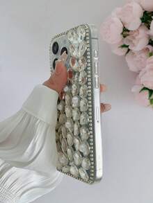 珍珠和鑲有水晶的條紋手機殼，DIY手機殼裝飾 - 白色 - 查看 3