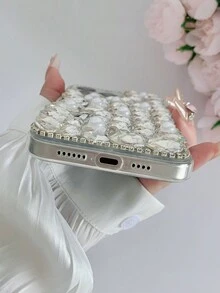 珍珠和鑲有水晶的條紋手機殼，DIY手機殼裝飾 - 白色 - 查看 2