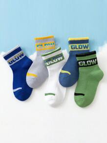 5 Pairs Boys' Breathable Mesh Thin Socks, High Elasticity Ankle Grip, Fashion Striped & Letter Print, Suitable For Sports Shoes, Spring/Summer