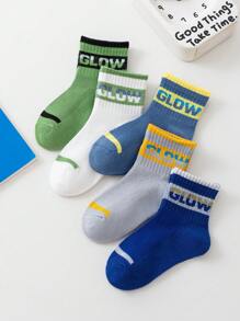 5 Pairs Boys' Breathable Mesh Thin Socks, High Elasticity Ankle Grip, Fashion Striped & Letter Print, Suitable For Sports Shoes, Spring/Summer