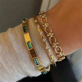 Aritio 1 Pc Ins Style 18K Gold Plated Stainless Steel Cubic Zirconia Bracelet For Women Waterproof Fashion Jewelry Gift
