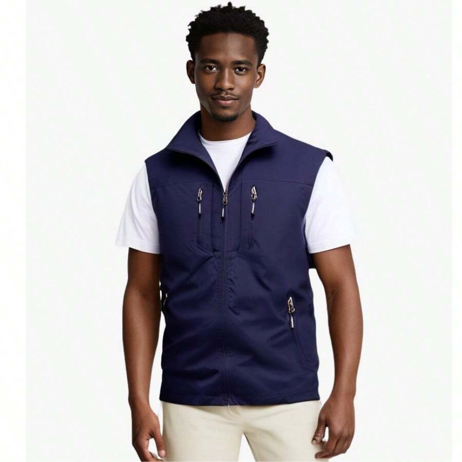 Summer Workout Men Outdoor Vest Jacket With Multiple Pockets For Fishing And Leisure, Loose And Thin - Navy Blue - View 1