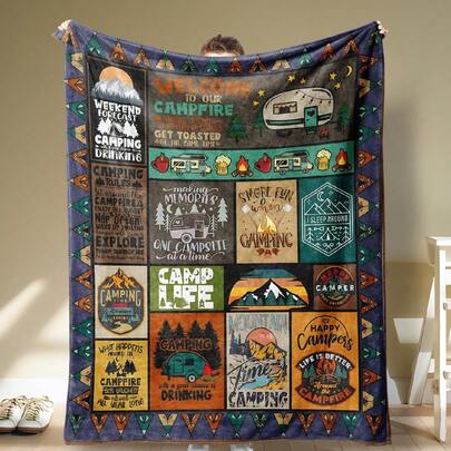 1入組 - 絨面布戶外露營風格毯子，現代聚酯纖維矩形毯子適用於多種場景