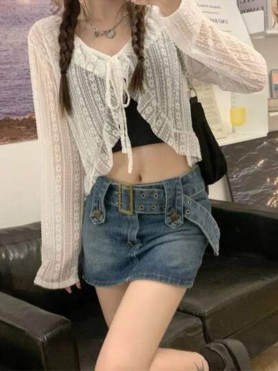 1pc Short Lace Cardigans Shawl New Fashion Sun Protective With Skirt Undershirt Cover Up For Summer Accessories Women Valentine's Day Valentines