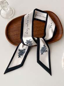 1 bucă eșarfă mică cu imprimare florală simplă, din mătase simulată, cu șarpui în dungi oblice la modă pentru femei, poate fi folosită ca eșarfă de geantă, bandă de păr, accesoriu de păr sau eșarfă decorativă pentru gât. Bandana, bandana pentru par, banda pentru cap Ideala pentru a-ti imbraca look-ul, la scoala de Ziua Indragostitilor - Alb-negru - Vizualizare 2