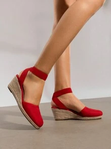 Women's Closed Toe Elastic Ankle Strap Espadrilles Vacation Outing Comfortable Commuting And Shopping Wedge Sandals Summer Shoes - 紅色 - 查看 3