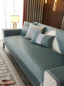 1pc Plaid Pattern Sofa Cushion Cover, Modern  Style Polyester Fiber Cooling Ice Silk Rectangular Slip-Resistant Sofa Pad Is Suitable For Home Office Living Room Bedroom, Summer