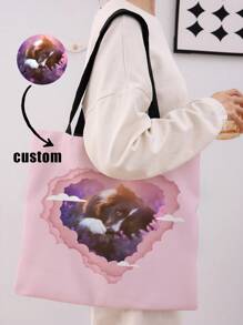 图片印刷 1 件定制帆布袋，独特设计（照片、风景、插图），可折叠，大容量，轻便，时尚，个性化手提包，单肩包，休闲购物袋，返校毕业礼物，送给老师的节日购物袋 - 彩色 - 查看 1