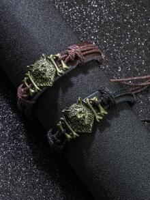 1入組男士復古編織合金狼頭PU皮革拉繩調節手鍊 - 狼頭手鍊 - 查看 1