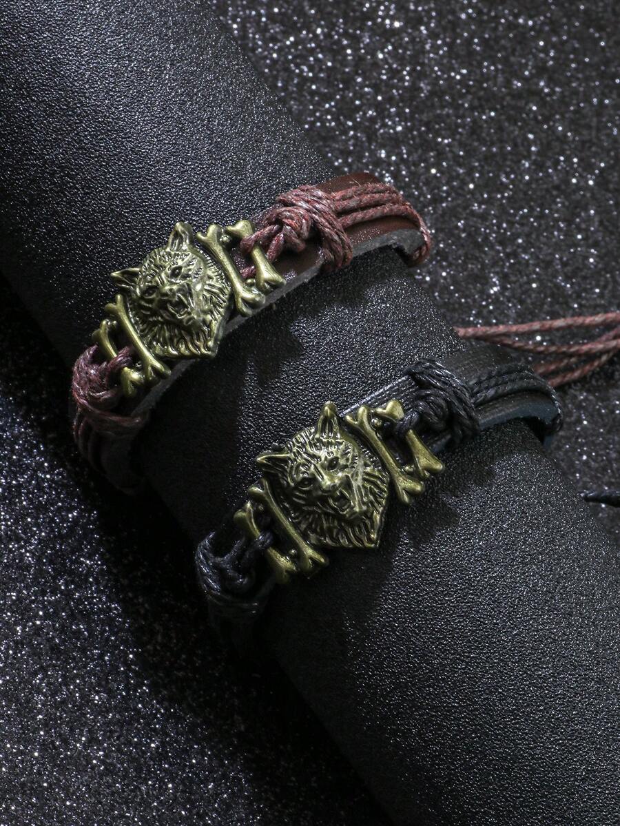 1入組男士復古編織合金狼頭PU皮革拉繩調節手鍊 - 狼頭手鍊 - 查看 1