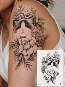 STARTTOOS 1pc Black Cat In Floral Design Temporary Tattoo, Half Sleeve Size - Black - View 1