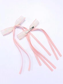 2pcs Lace Long Tail Y2K Hair Bow Clips For Women Girls,Sweet Ribbon Bowknot Tassel Alligator Hair Clips,Women Fashion Hair Accesspries For Daily. - Pink - View 6