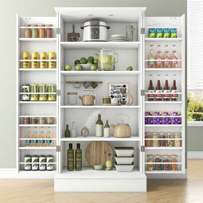 Kitchen Cupboard, Pantry Organizers And Storage, Kitchen Pantry Cabinet White With Doors & Adjustable Shelves, Ideal For Kitchen, Living Room And Dinning Room