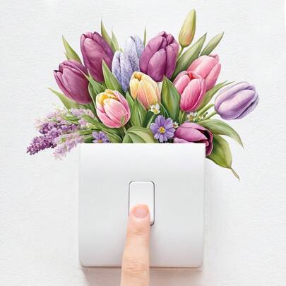 1PC Removable Creative Tulip Switch Decals Green Plant Flower Wall Decals Green Leaf Stickers Switch Decals Decorative Art Murals For Living Room Bedroom Bathroom Kitchen Home Decoration(2 STYLE), Stickers, Wall Decal, Vinyl Decal For Home Decorations, Spring Decoration Items Refresh Your Home, Rama Decoration Stickers