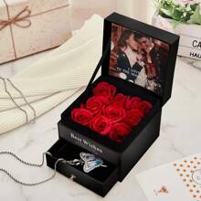 1pc Custom Jewelry Box Customized Storage Jewelry Organizer Box With Photo & Text Gift Box Filled With Roses Personalized Jewelry Travel Case Romantic Valentine's Day Birthday Anniversary Gifts For Women Wife Girlfriend - Black