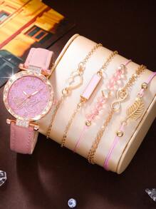 6Pcs/Set Women's Watch Fashion Casual Elegant Simple Round Quartz Wristwatch And Woven String, Bracelet Jewelry Set Suitable For Daily Wear, Back-To-School Season, Graduation Season, Thanksgiving, Couples, The Best Gifts Watch Box Not Included