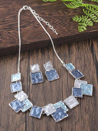 SophiaXuan 1 Bộ 2 chiếc Vòng cổ và Hoa tai tráng men nhiều màu bằng hợp kim kẽm màu xanh bạc hình học, phù hợp cho bộ đồ cổ điển dành cho phụ nữ, kỷ niệm, tiệc tùng, quà tặng