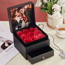1pc Custom Jewelry Box Customized Storage Jewelry Organizer Box With Photo & Text Gift Box Filled With Roses Personalized Jewelry Travel Case Romantic Valentine's Day Birthday Anniversary Gifts For Women Wife Girlfriend - Black