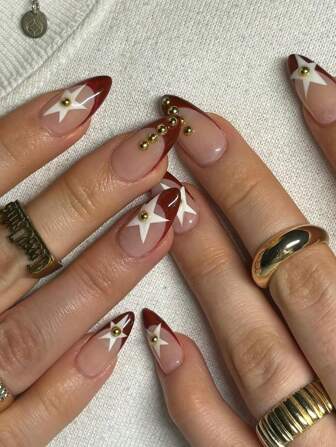 Y2K 24 件杏仁形假指甲片勃艮第法式白星金色串珠指甲片尖头水滴形指甲片 + 24 件果冻凝胶 + 指甲锉按压式指甲美甲用品