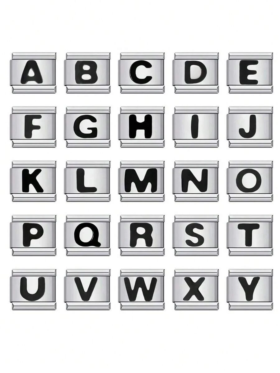 1 Vòng tay mô-đun mặt dây chuyền Ý thời trang, màu đen, 26 chữ cái có thể tháo rời, Unisex, liên kết đàn hồi, trang trí dây đeo bằng thép không gỉ - Bạc - Xem 1