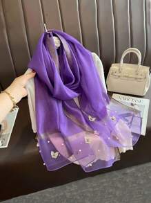 1pc Women Fashionable Butterfly Pearl Rivet Printed Scarf, Suitable For All Seasons And Occasions Such As Travel, Banquet, Vacation And Daily Wear - Nailed Butterfly Pearl Long Silk Scarf - View 18