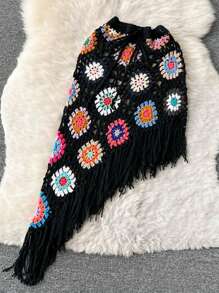 Bikinx Bohemian Style Handmade Crochet Random Color Blocks Asymmetrical Tassel Cover Up Skirt Summer - Black - View 1