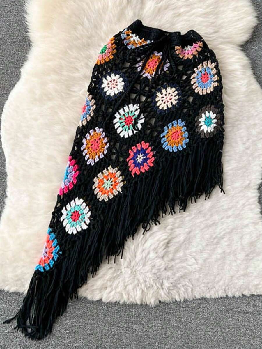Bikinx Bohemian Style Handmade Crochet Random Color Blocks Asymmetrical Tassel Cover Up Skirt Summer - Black - View 1