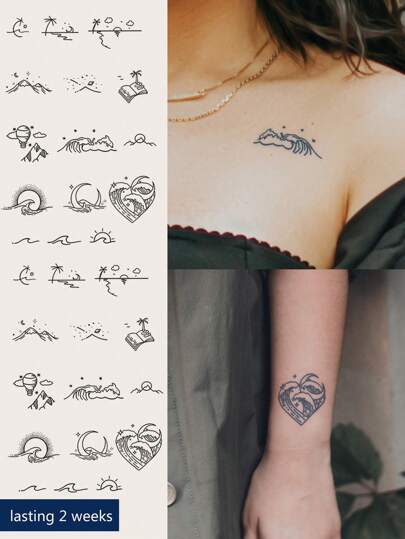 2PCS Blue Herbal Semi-Permanent Waterproof Temporary Tattoo Stickers, Coconut Tree, Wave, Heart, Crescent Shaped Pattern, Long-Lasting, Non-Reflective, For Wrist & Body