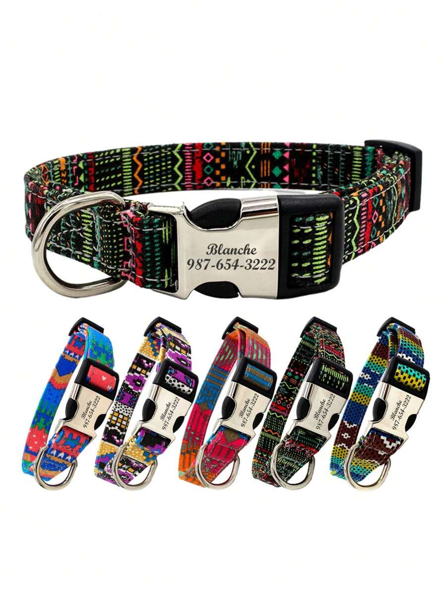 1 Vòng cổ cho thú cưng sọc đen theo phong cách Bohemian được cá nhân hóa, Cổ áo thú cưng bằng vải polyester in, khắc tên thú cưng tùy chỉnh, thông tin liên hệ, địa chỉ và thông tin khác, vòng cổ thú cưng chống lạc khắc, thích hợp cho chó lớn, vừa và nhỏ. - màu đen - Xem 1