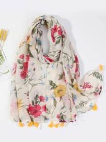Vintage & Linen Feel Ladies' Scarf, Colorful Flower Print With Tassel, Warm Winter Shawl Elegant - Multicolor - View 14