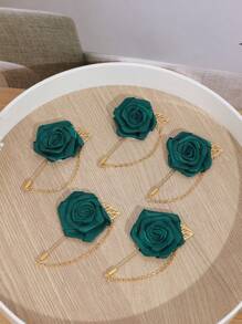 5pcs Korean-Style Chest Flower Brooches For Bridesmaids And Groomsmen, Gold Leaves And Dark Green Roses Chain Design Halloween Valentine's Day Valentines