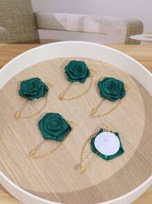 5pcs Korean-Style Chest Flower Brooches For Bridesmaids And Groomsmen, Gold Leaves And Dark Green Roses Chain Design Halloween Valentine's Day Valentines