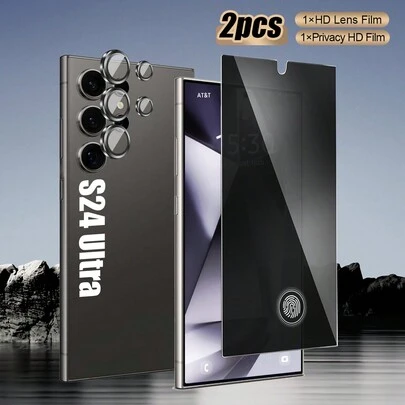 Bộ 2 trong 1 gồm Miếng dán màn hình chống nhìn trộm tích hợp cảm biến vân tay + 1 Miếng dán bảo vệ ống kính màu đen, phù hợp với các dòng máy màn hình cong, chống trầy xước, chống nước, chống bám vân tay, chống nhìn trộm, bảo vệ quyền riêng tư, tương thích với Samsung Galaxy S22 Ultra/S23/S23 Plus/S23 Ultra/S24/S24 Plus/S24 Ultra/S24 Fe/A16/S25 Ultra/S25/S26 Ultra/S26 Plus/S26/A17/A16/A15
