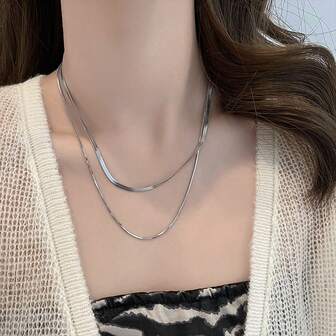 2入組時尚極簡主義風不鏽鋼鏈條項鍊，適用於女士的分層日常配飾