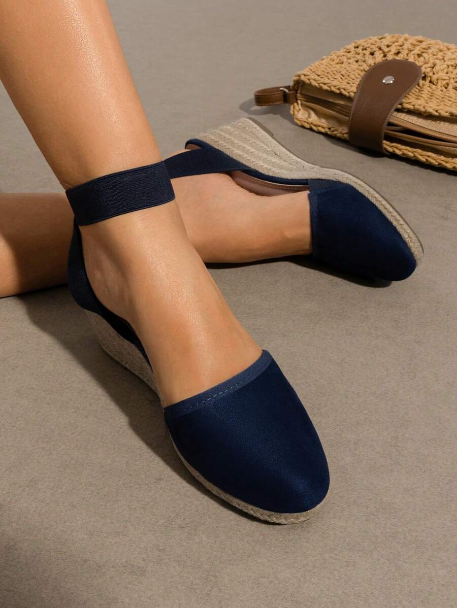 Women's Closed Toe Elastic Ankle Strap Espadrilles Vacation Outing Comfortable Commuting And Shopping Wedge Sandals Summer Shoes - 藏蓝色 - 查看 1