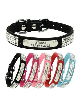 1pc Personalized Customized Black Pet Collar Inlaid With White Rhinestones, Soft And Comfortable Pet Collar, Can Be Customized With Pet Name, Contact Information, Address And Other Details, Engraved Words To Prevent Lost Pet Collar, Suitable For Large, Medium And Small Dogs.