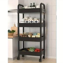 1 Set 4-Tier 3-Tier Rolling Cart With Wheels, Detachable Utility Storage Cart With Handle And Lockable Casters, Storage Basket Organizer Shelves, Easy Assemble For Bathroom, Kitchen,Storage,Kitchen Organiser,Kitchen Items,Room Decor,Home Decor. - Black - View 2