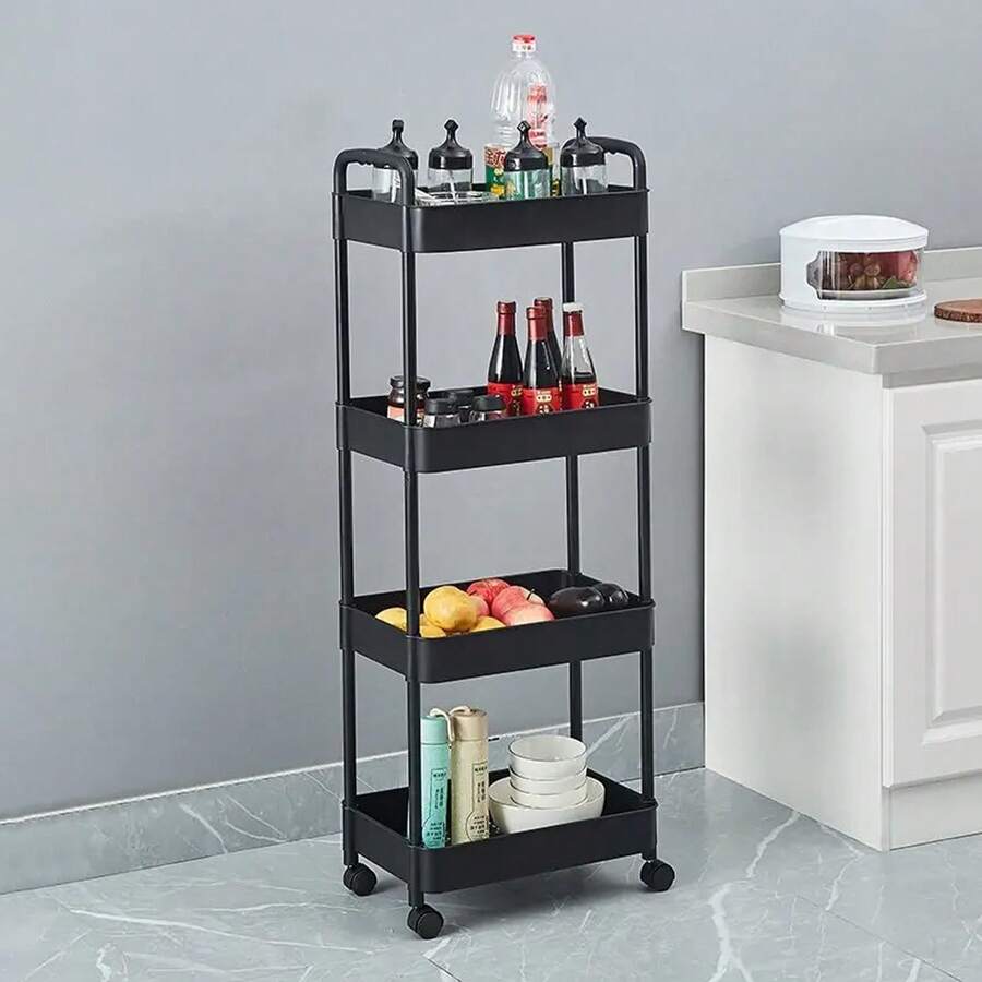 1 Set 4-Tier 3-Tier Rolling Cart With Wheels, Detachable Utility Storage Cart With Handle And Lockable Casters, Storage Basket Organizer Shelves, Easy Assemble For Bathroom, Kitchen,Storage,Kitchen Organiser,Kitchen Items,Room Decor,Home Decor. - Black - View 1