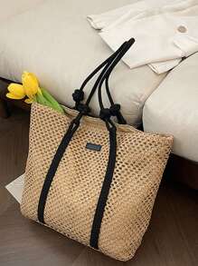Túi Gusure Nữ Ống Hút Dệt Túi Xách Nữ Ngày Lễ Túi Đi Biển Thông Thường Shopper Túi Top-Tay Cầm Túi Đeo Vai Sát Nách Thời Trang - Màu Khaki - Xem 6