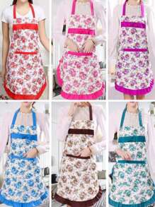 1 pezzo Grembiule in tessuto sottile con stampa floreale di rose e bordo in pizzo, elegante grembiule da cucina per vita da donne