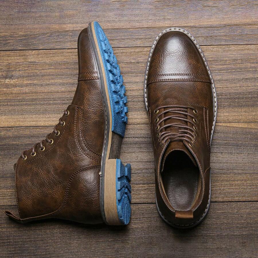 Men's Vintage Work Boots, Round Toe, Thick Heel, Dual-Color Upper, Rubber Outsole AL633, Beige With Stitching - Brown - View 1