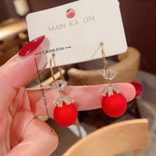 Bông tai nơ có đính cườm & kim cương giả, Bông tai nữ thời trang Giáng sinh - Đỏ - Xem 16