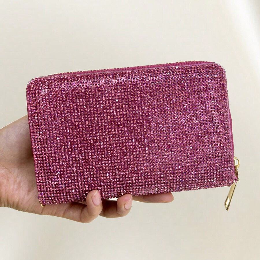 閃亮鑲鑽錢包鏈帶斜挎包，歐美INS風格皮革晚宴包，迷你錢包和卡片錢包，具有多個卡片插槽，派對錢包 - 玫紅色 - 查看 1