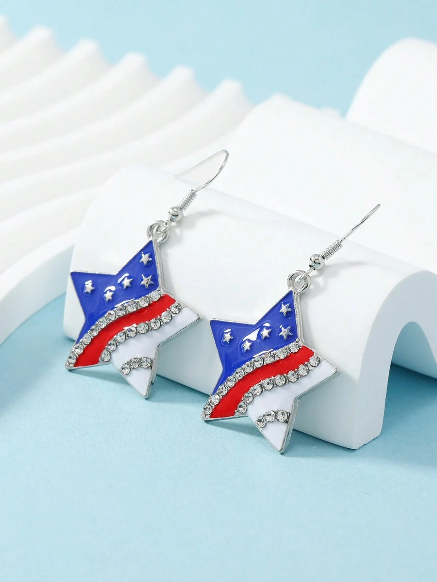 2pcs American Independence Day Earrings - Blue/Red/White Heart, Pentagram, Boot Shaped Pendants - WEH3197 Five-pointed Star - View 1