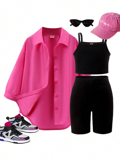 3pcs/Set Girls (Small) Casual Long Sleeve Shirt, Cami, Sports Shorts Summer Outfit