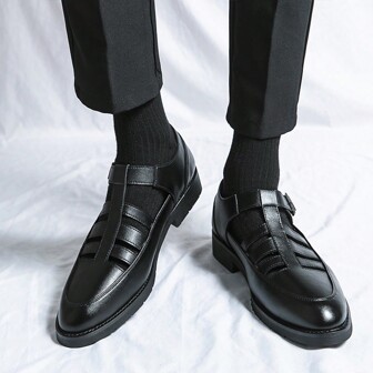 New Summer Leather Sandals With Hollow-Out Design, Buckle Closure, Breathable And Casual Street Fashion Roman Style All-Match Men Shoes